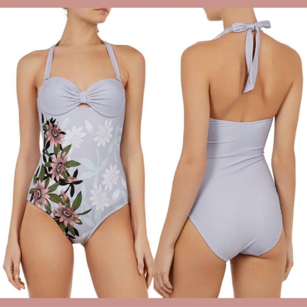 NEW Ted Baker Belella Illusion Halter Floral Swimsuit in Light Blue [SZ 1‎ ]